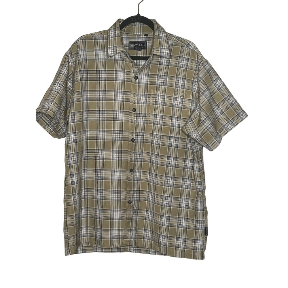 Mansfield Activewear Plaid Button-Up Short-Sleeve Shirt L Beige/Black Classic